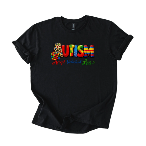 Colorful autism acceptance shirt with Accept Understand Love message on softstyle tee