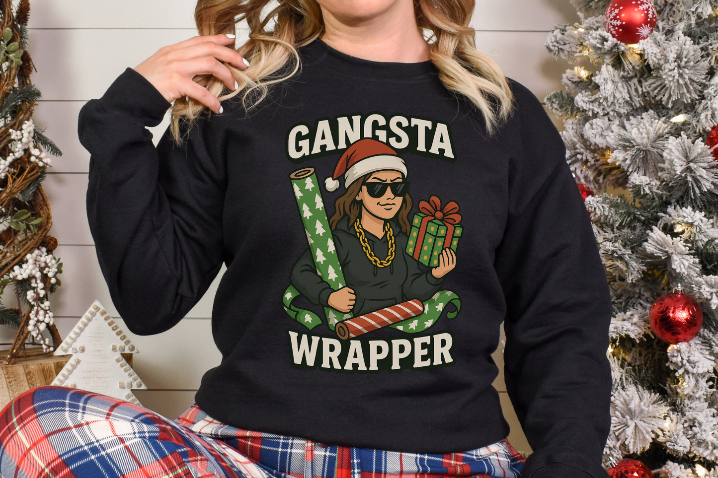 Black Gangsta Wrapper Christmas sweatshirt for women with festive graphic and holiday gift wrap design