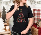 Christmas tree shirt with dog paw prints on unisex Bella Canvas 3001, festive design.