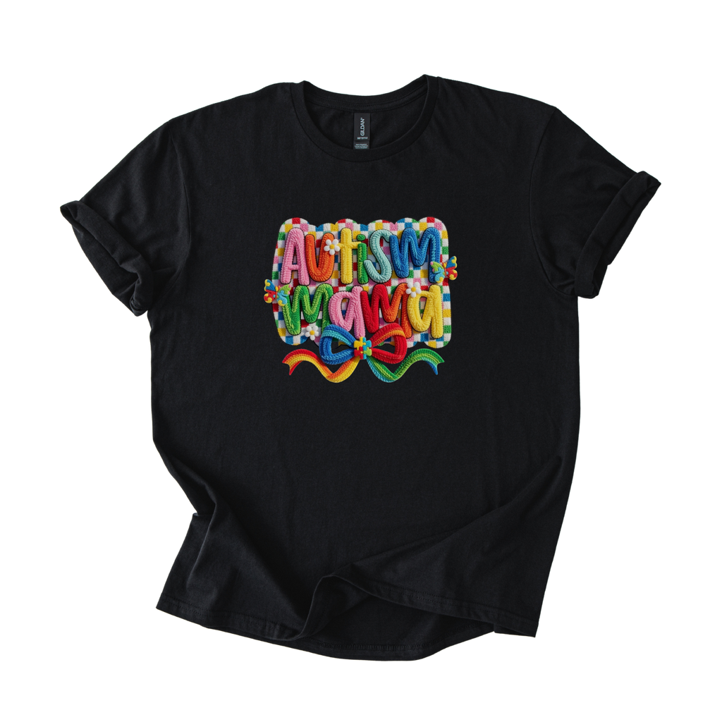 White tee with Autism Mama Rainbow crochet-style yarn graphic and floral accents
