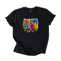 White tee with Autism Mama Rainbow crochet-style yarn graphic and floral accents