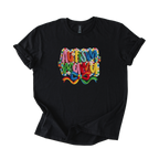White tee with Autism Mama Rainbow crochet-style yarn graphic and floral accents