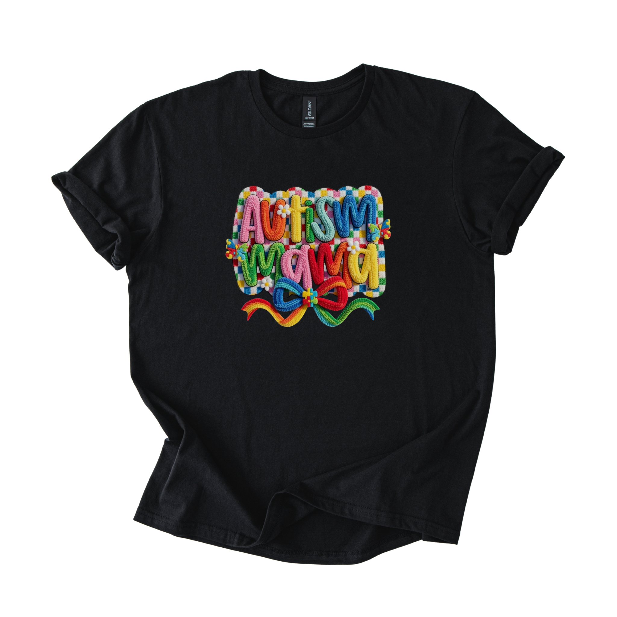 White tee with Autism Mama Rainbow crochet-style yarn graphic and floral accents