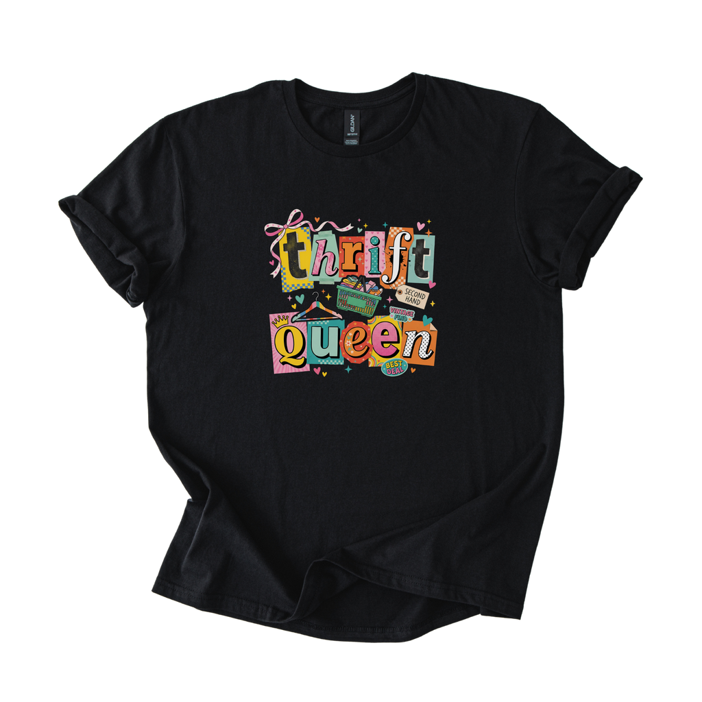 White Thrift Queen tee with colorful retro collage graphic featuring thrift shopping icons and playful fonts