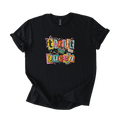 White Thrift Queen tee with colorful retro collage graphic featuring thrift shopping icons and playful fonts