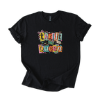 White Thrift Queen tee with colorful retro collage graphic featuring thrift shopping icons and playful fonts