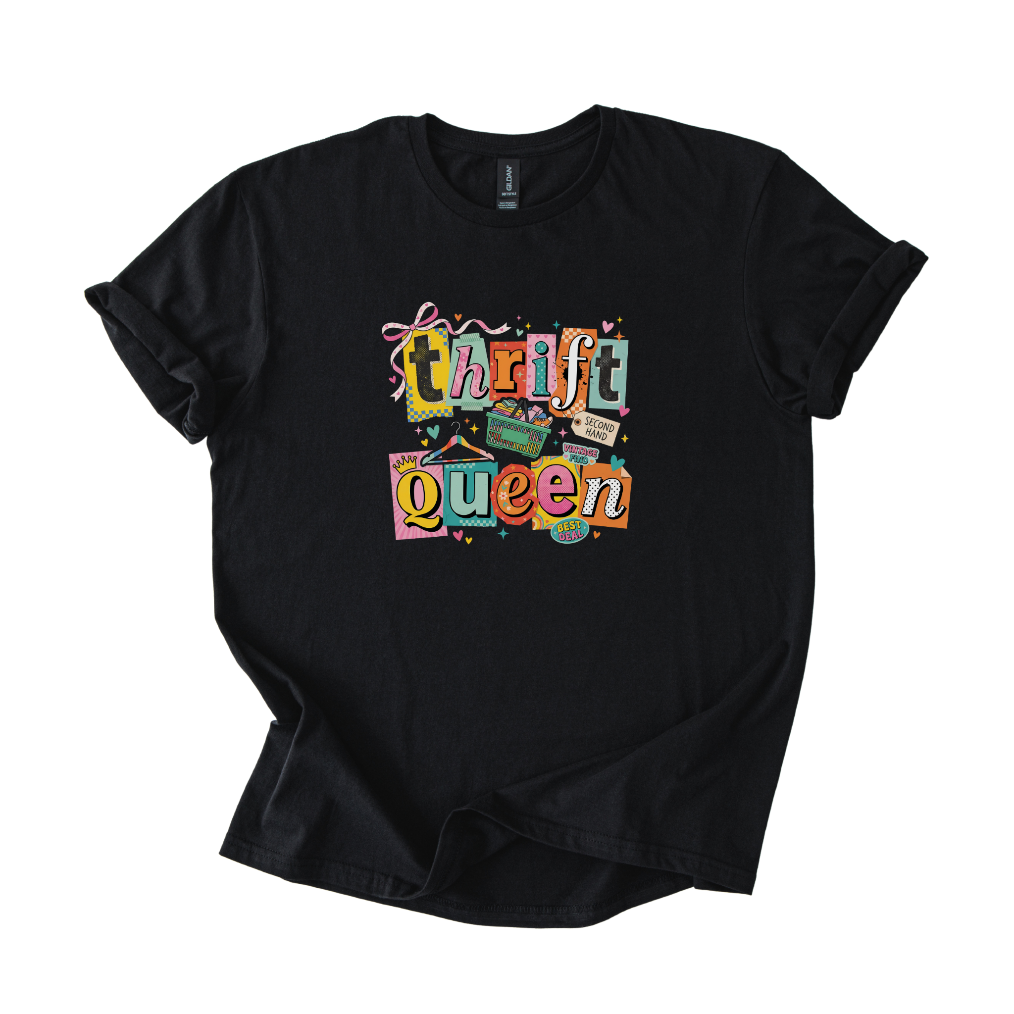 White Thrift Queen tee with colorful retro collage graphic featuring thrift shopping icons and playful fonts
