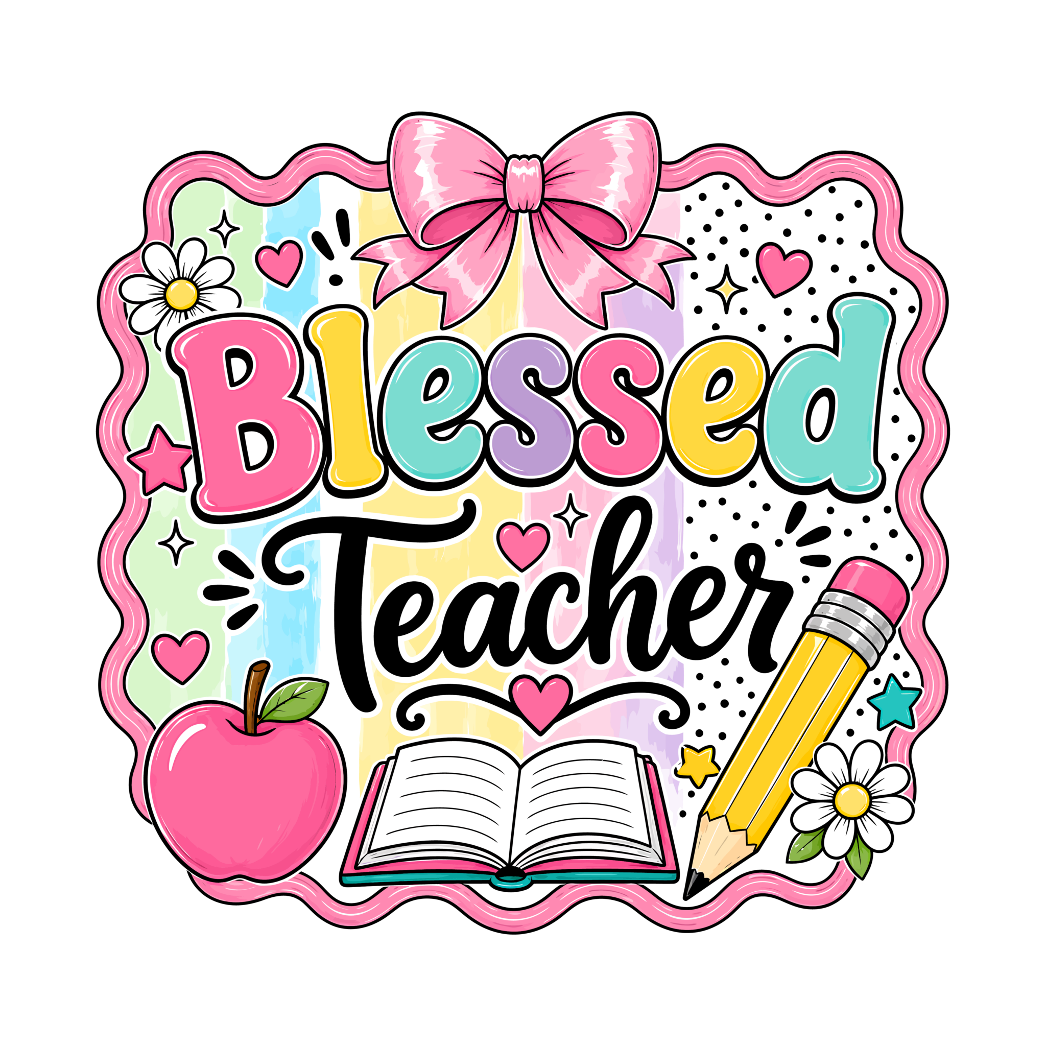 Colorful Blessed Teacher DTF print for customizable apparel and accessories with vibrant, durable ink and cold peel transfer