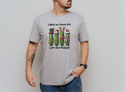 Men's holiday t-shirt with festive pickles and "Let's Get Pickled" Christmas design