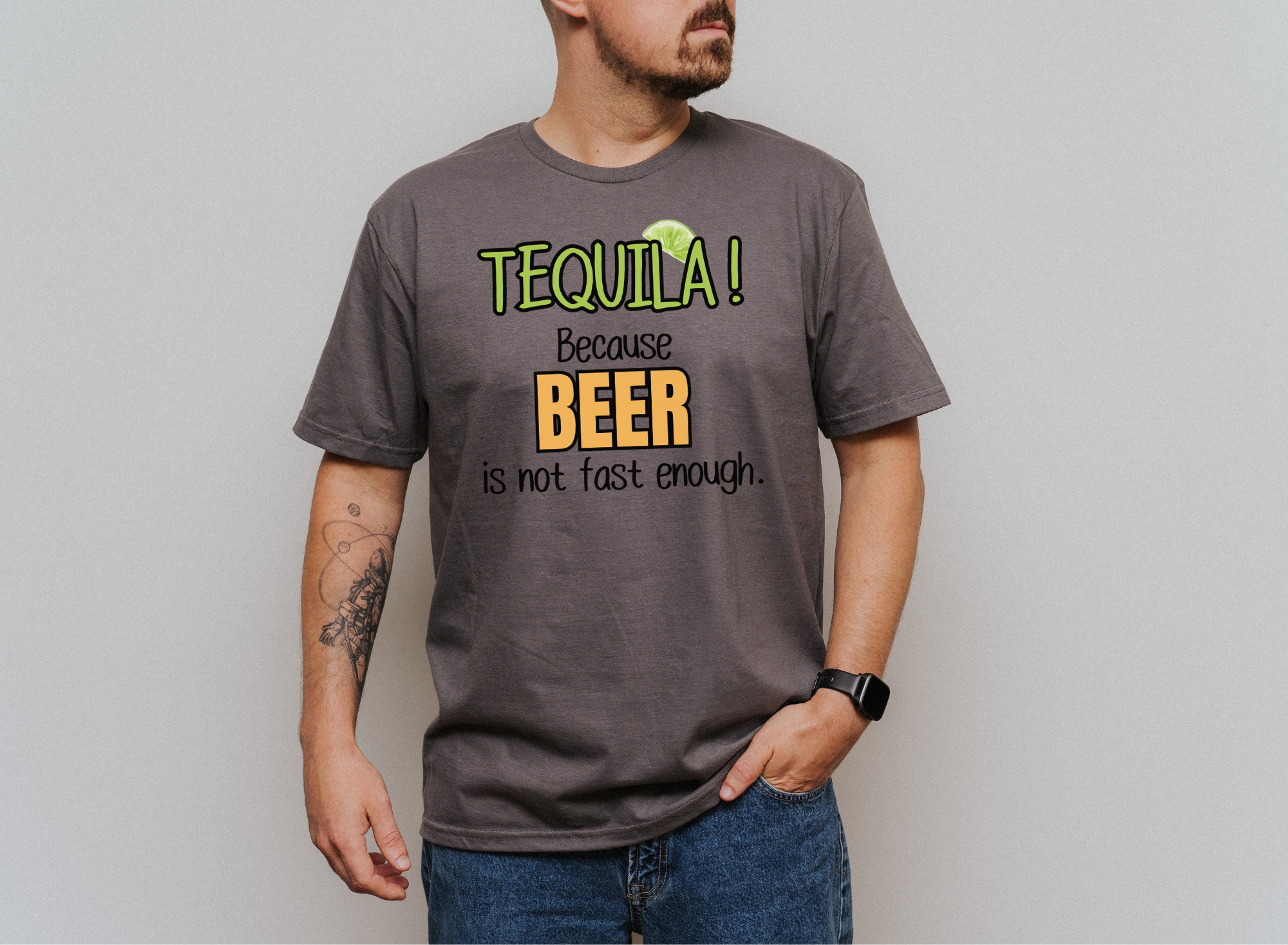 Unisex softstyle shirt with "TEQUILA! Because Beer is not Fast Enough" text, casual wear.
