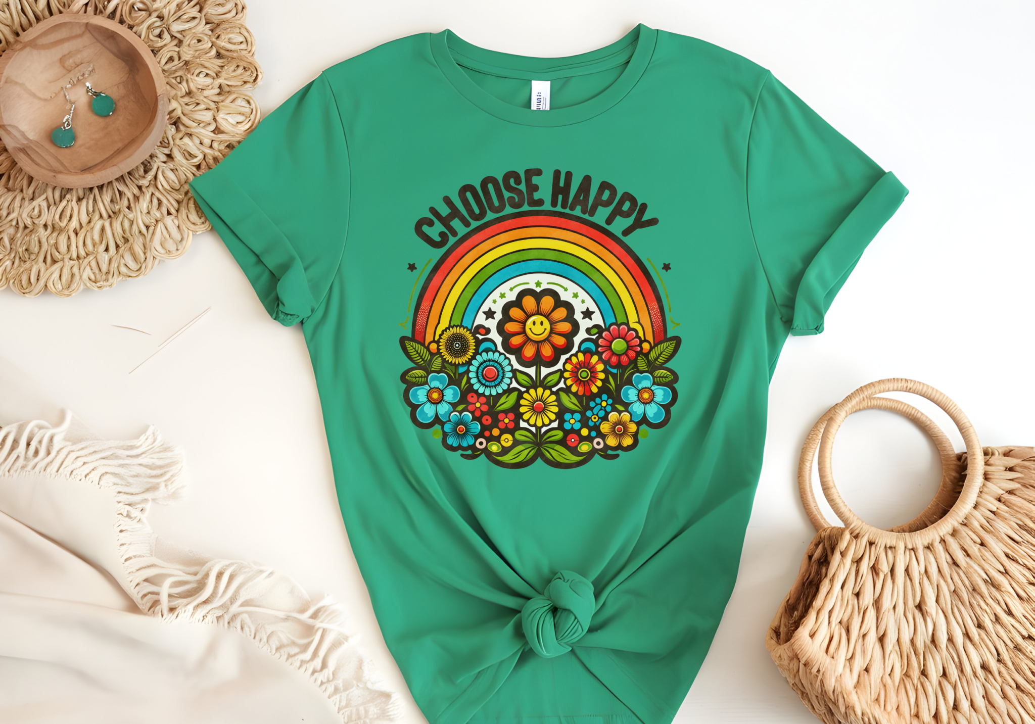 Boho hippie "Choose Happy" shirt with rainbow and flowers design.