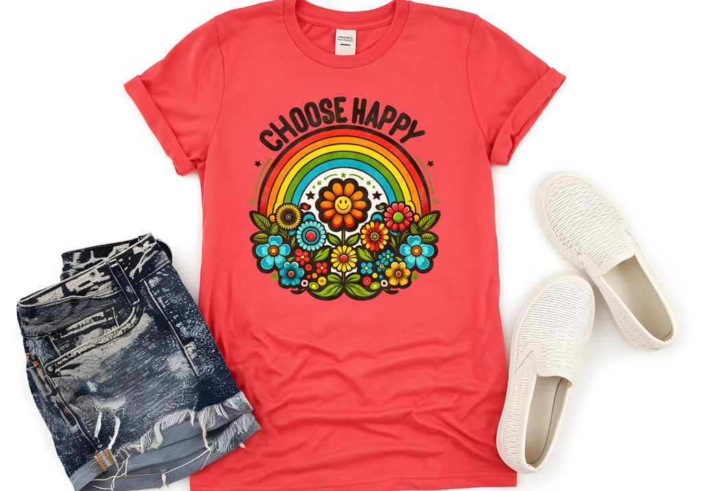 Boho-inspired "Choose Happy" shirt with rainbow and flowers design.