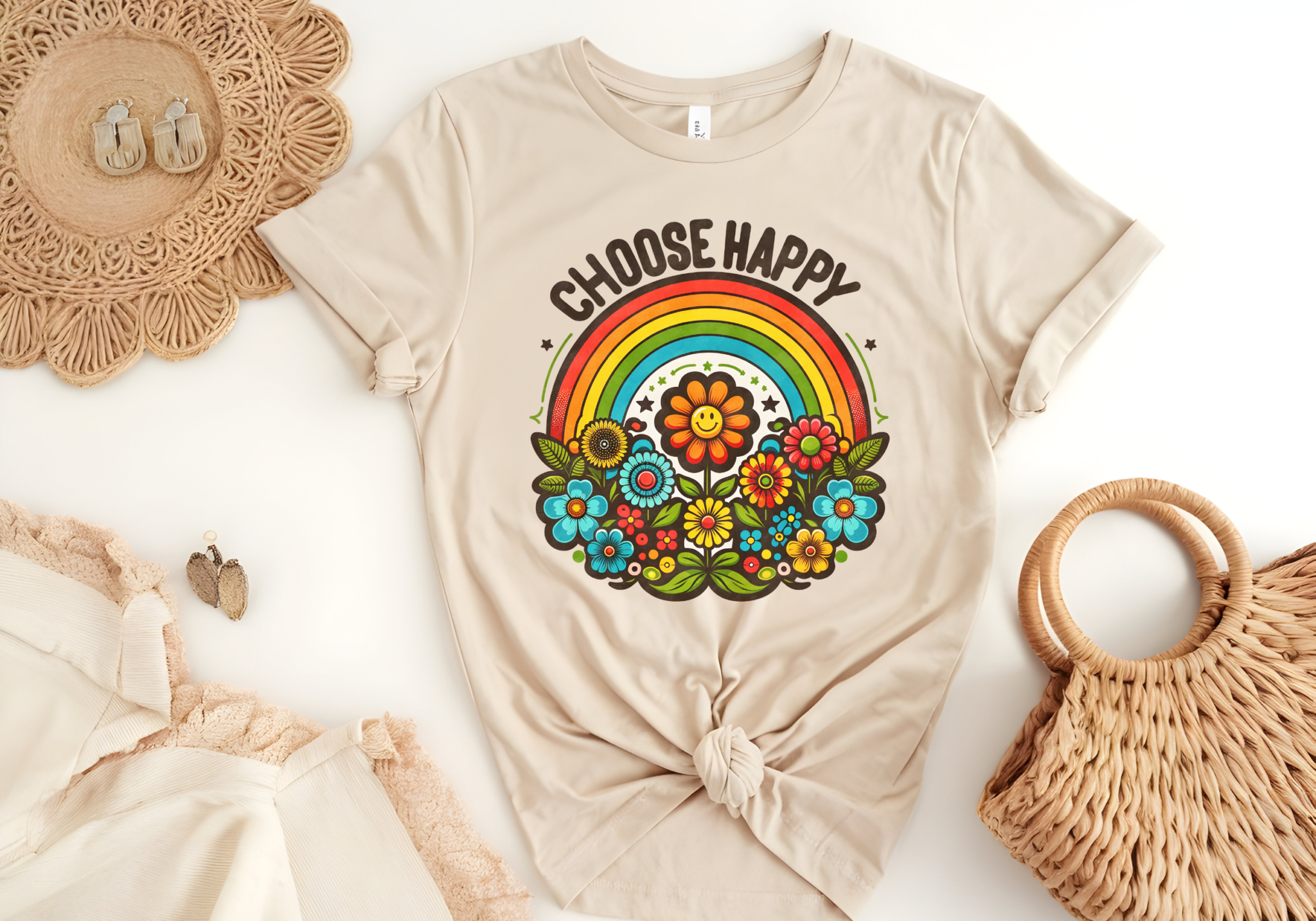 Boho hippie style "Choose Happy" shirt with rainbow and flower design.