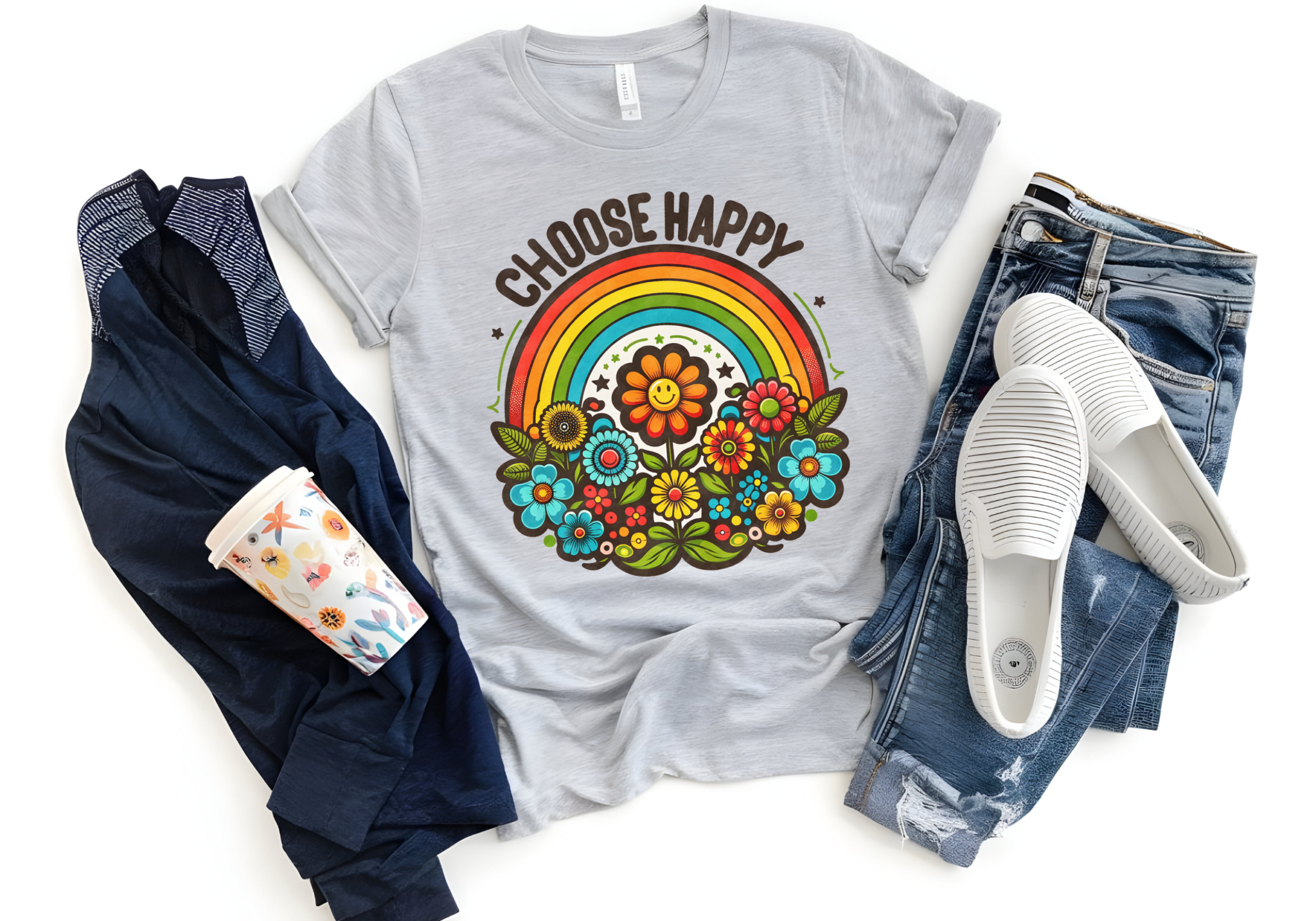 Boho-inspired "Choose Happy" shirt with rainbow and flowers design.