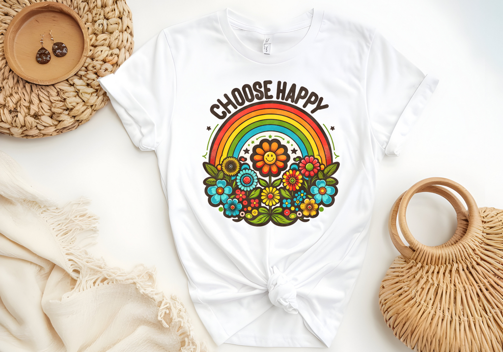 Boho-inspired "Choose Happy" shirt with colorful rainbow and floral design.
