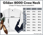 Gildan unisex heavy blend sweatshirt size chart, featuring a trendy humorous quote, ideal for men and women.