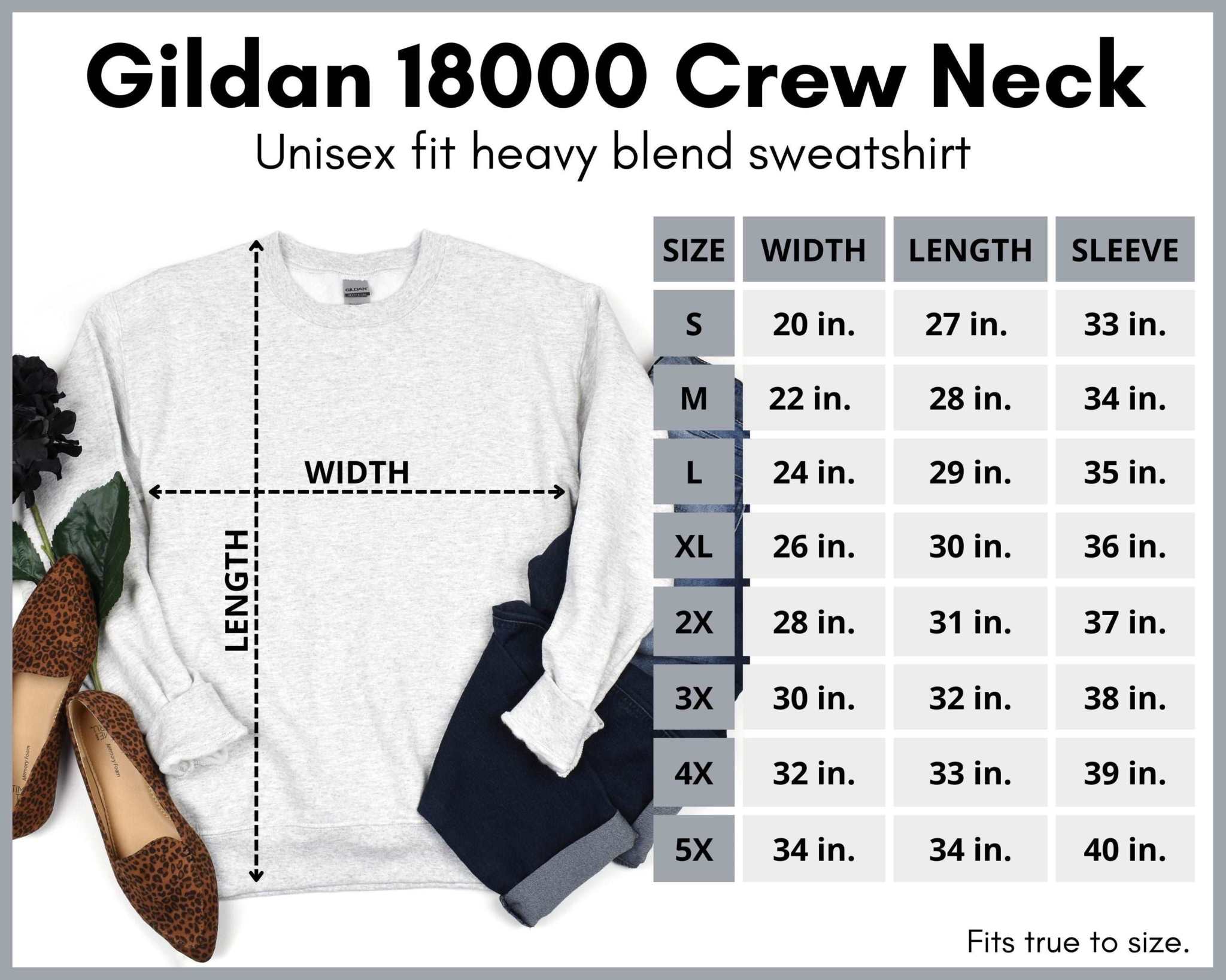 Gildan unisex heavy blend sweatshirt size chart, featuring a trendy humorous quote, ideal for men and women.