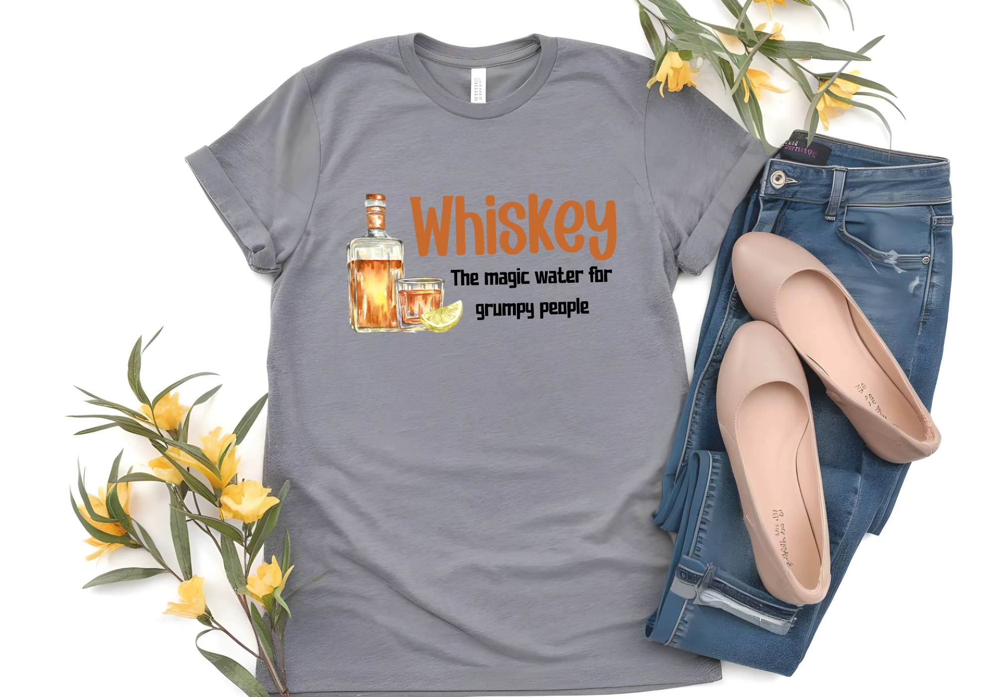 Grumpy People Drink Whiskey graphic shirt with whiskey bottle and glass, ideal for whiskey lovers.
