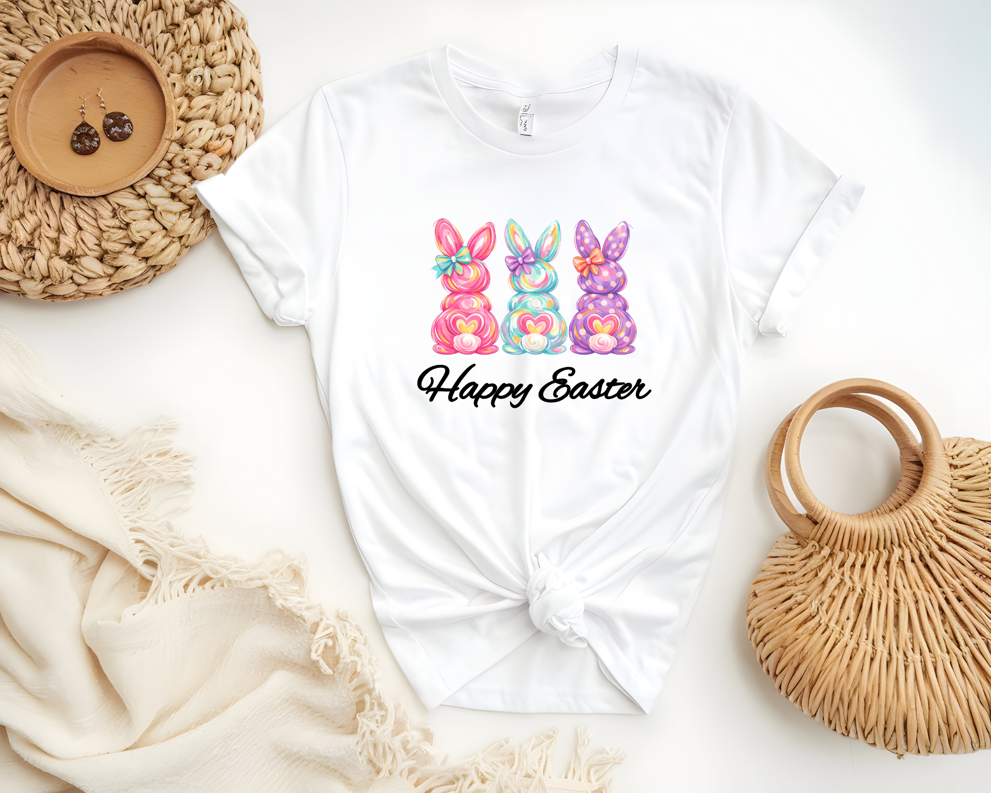 Happy Easter Bunny Softstyle Tee with colorful pastel bunnies and bows on soft, lightweight fabric