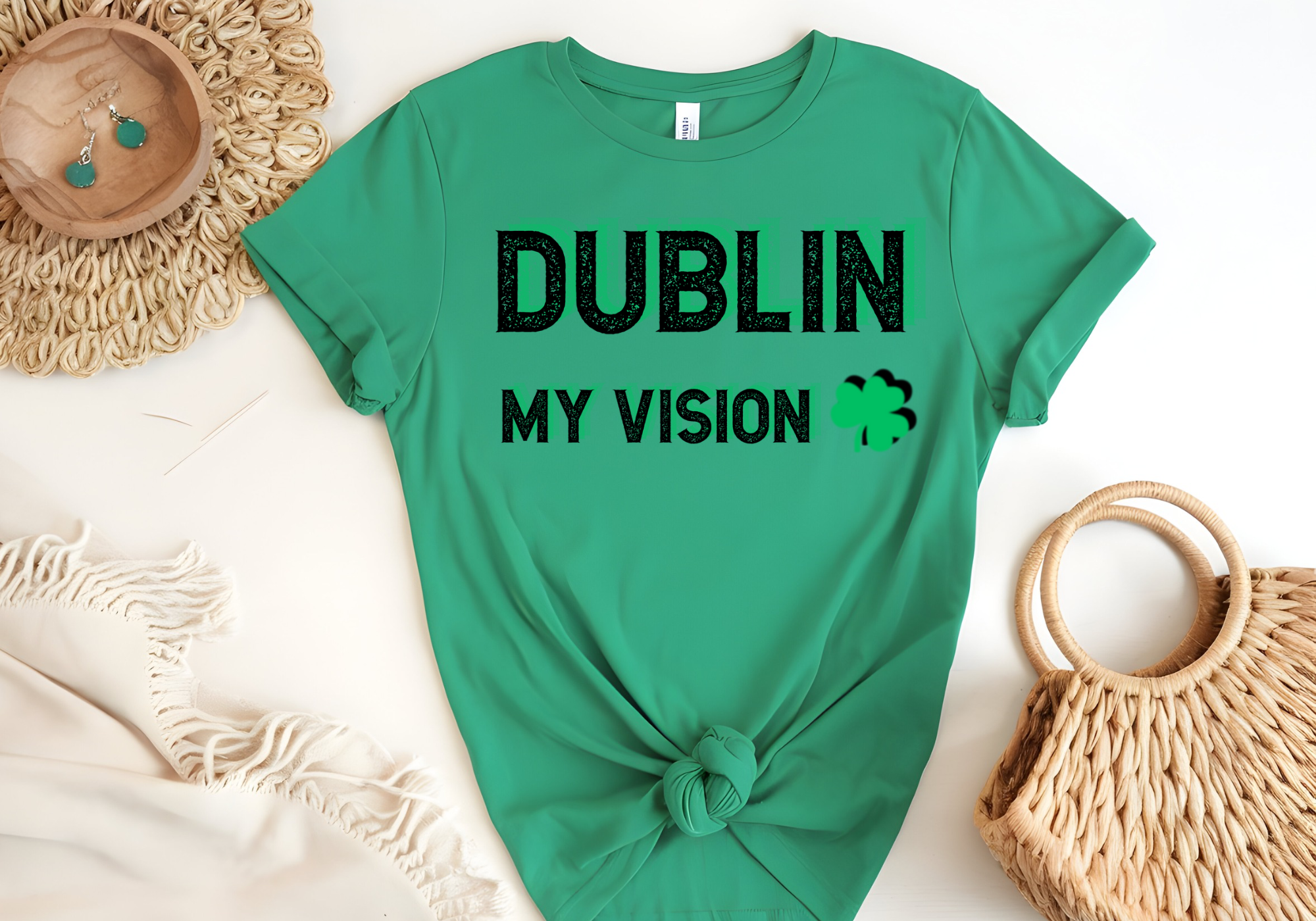 Unisex green t-shirt with "Dublin My Vision" and shamrock graphic for St Patrick’s Day.