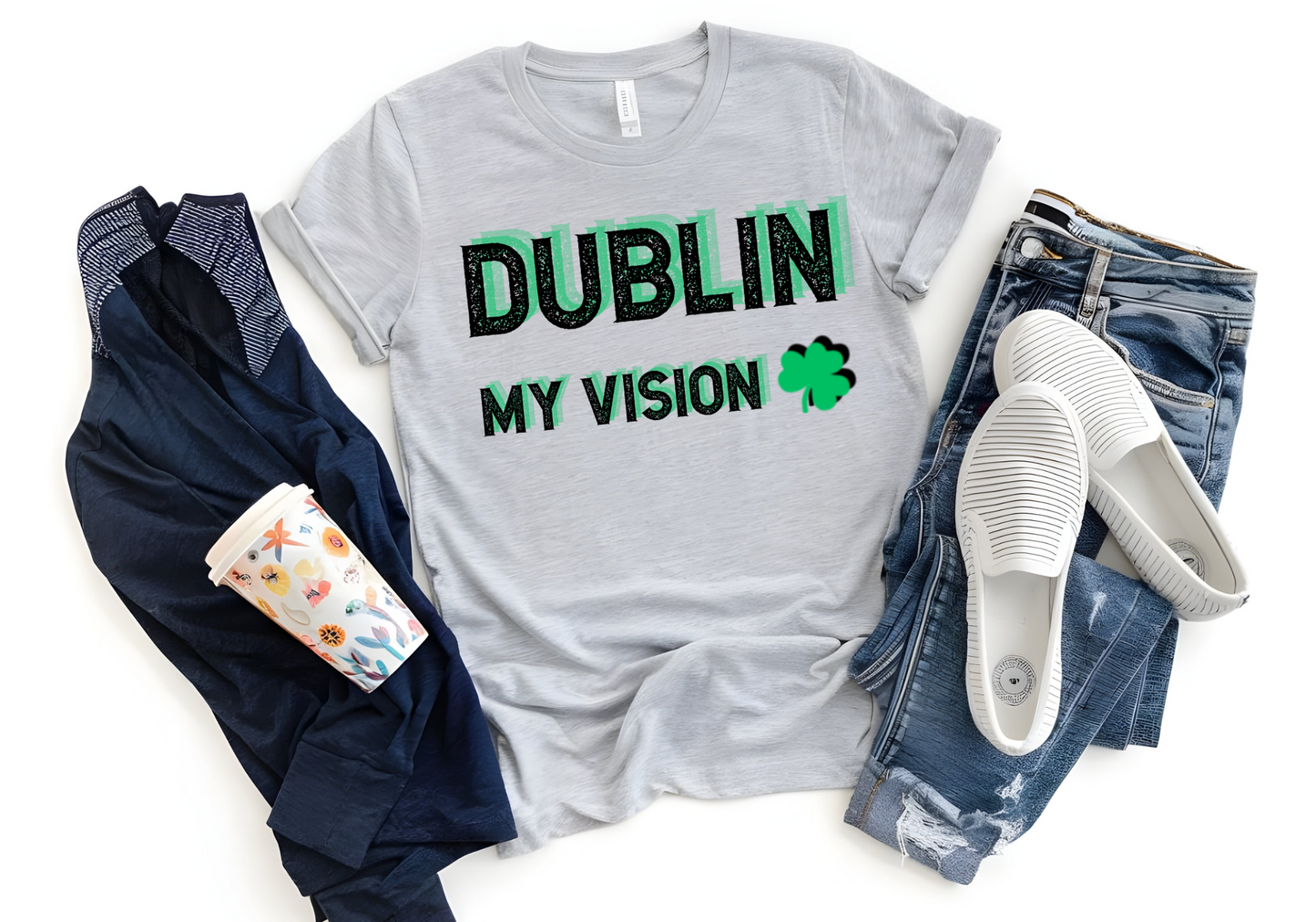 Unisex St Patrick’s Day shirt with "Dublin My Vision" text and shamrock design.
