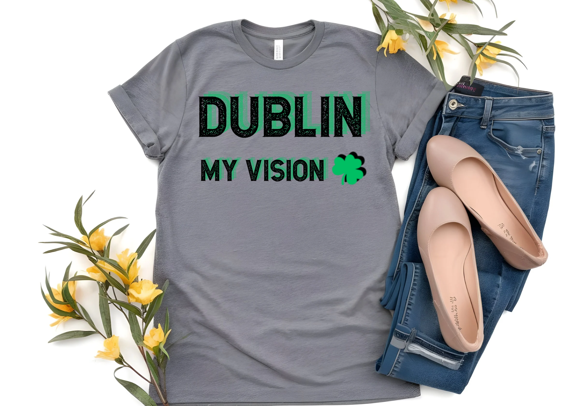 Unisex grey shirt with "Dublin My Vision" in green lettering and a shamrock, St Patrick’s Day theme.