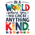 In A World Autism DTF print design with colorful puzzle pieces background