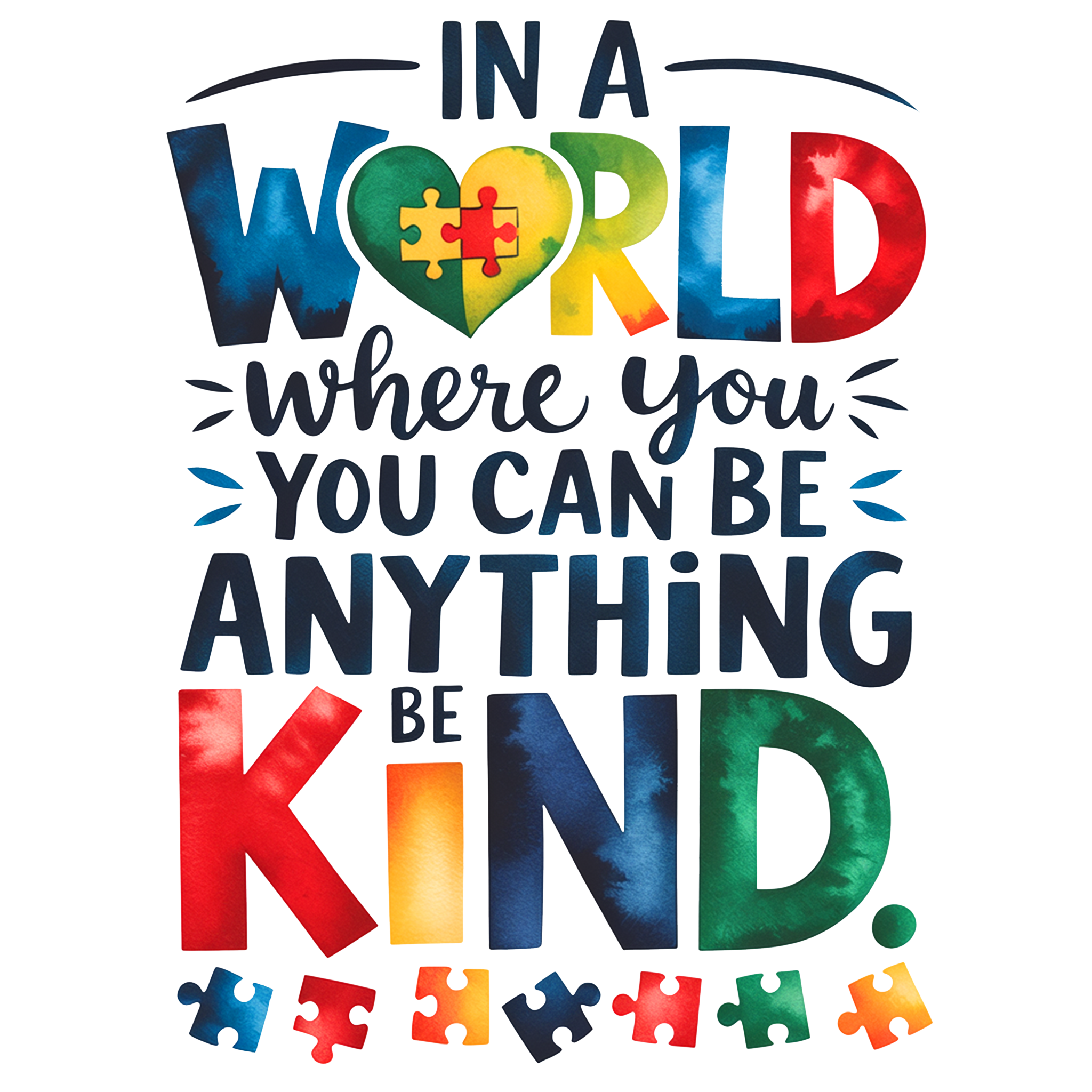 In A World Autism DTF print design with colorful puzzle pieces background