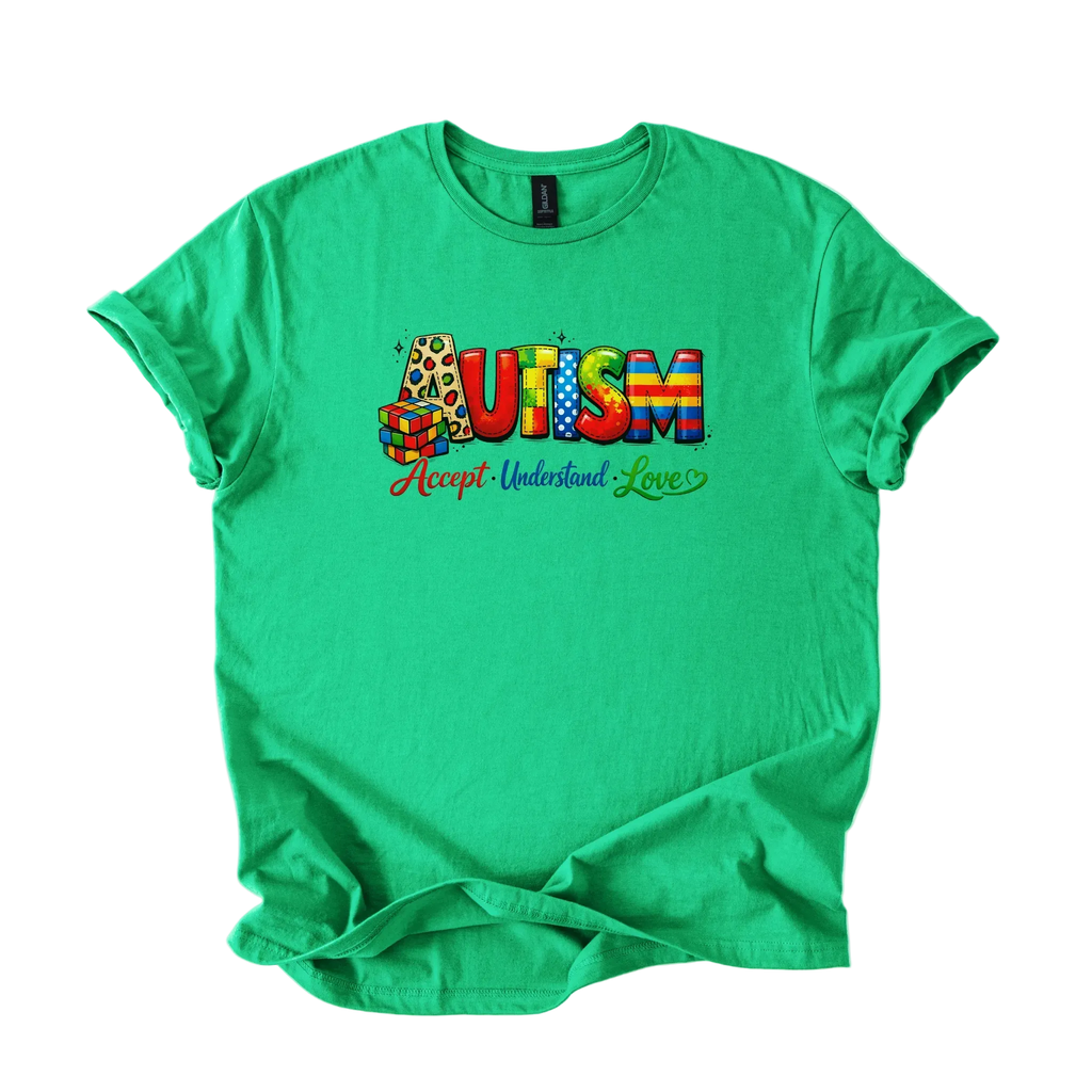 Colorful autism acceptance shirt with Accept Understand Love message on softstyle tee