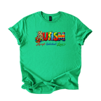 Colorful autism acceptance shirt with Accept Understand Love message on softstyle tee