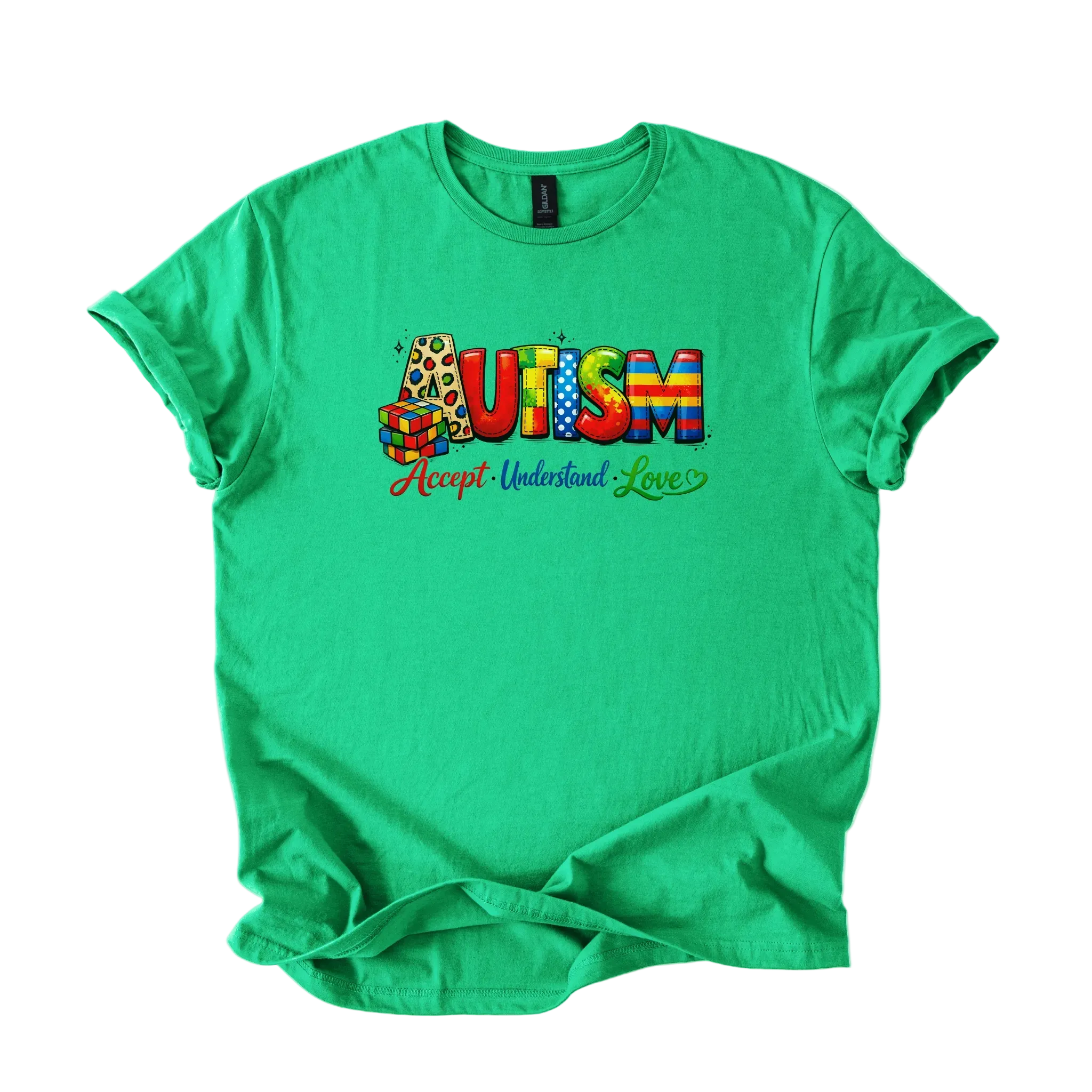 Colorful autism acceptance shirt with Accept Understand Love message on softstyle tee