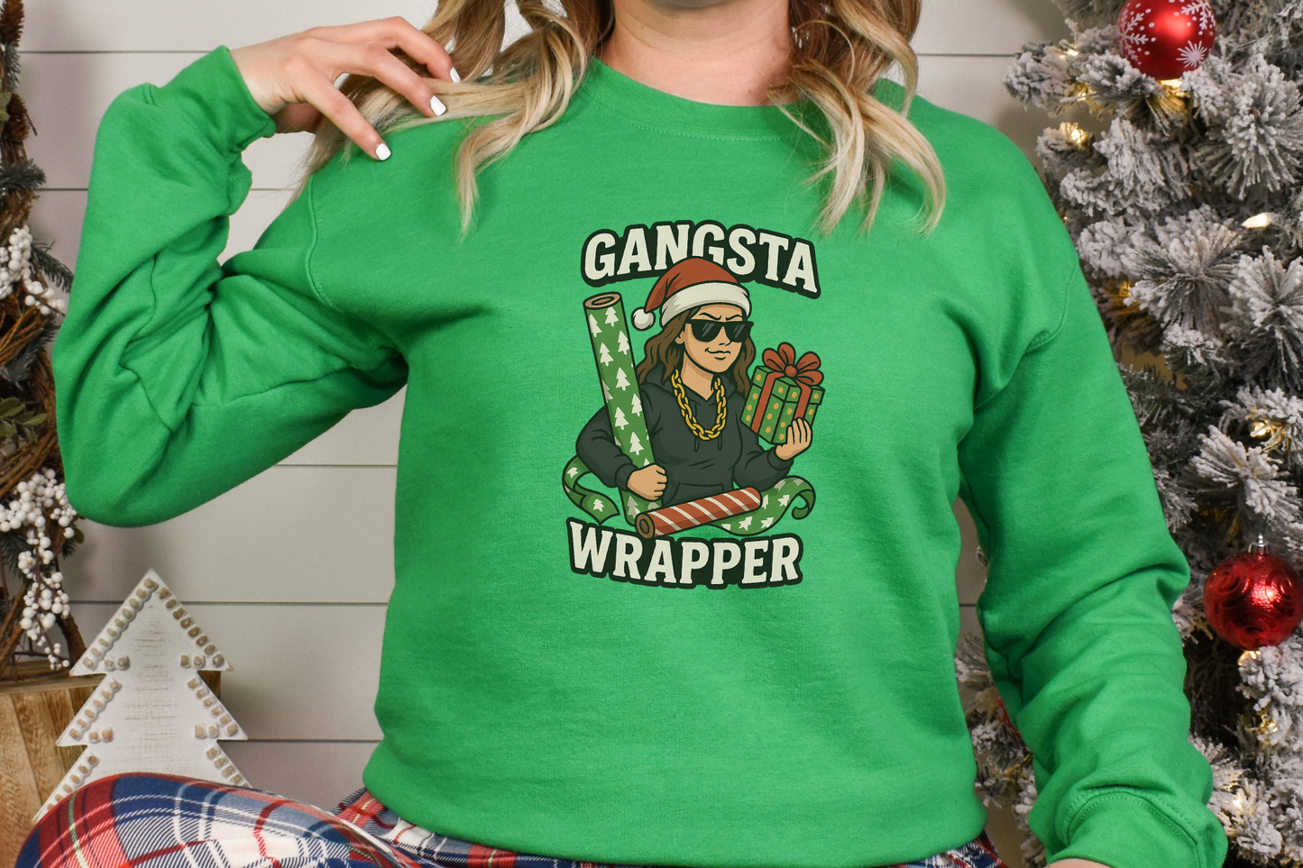 Green Gangsta Wrapper holiday sweatshirt for women with Christmas graphic and gift wrap design