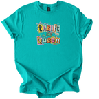 Thrift Queen retro collage graphic tee with vibrant pink, yellow, and teal colors on soft white fabric