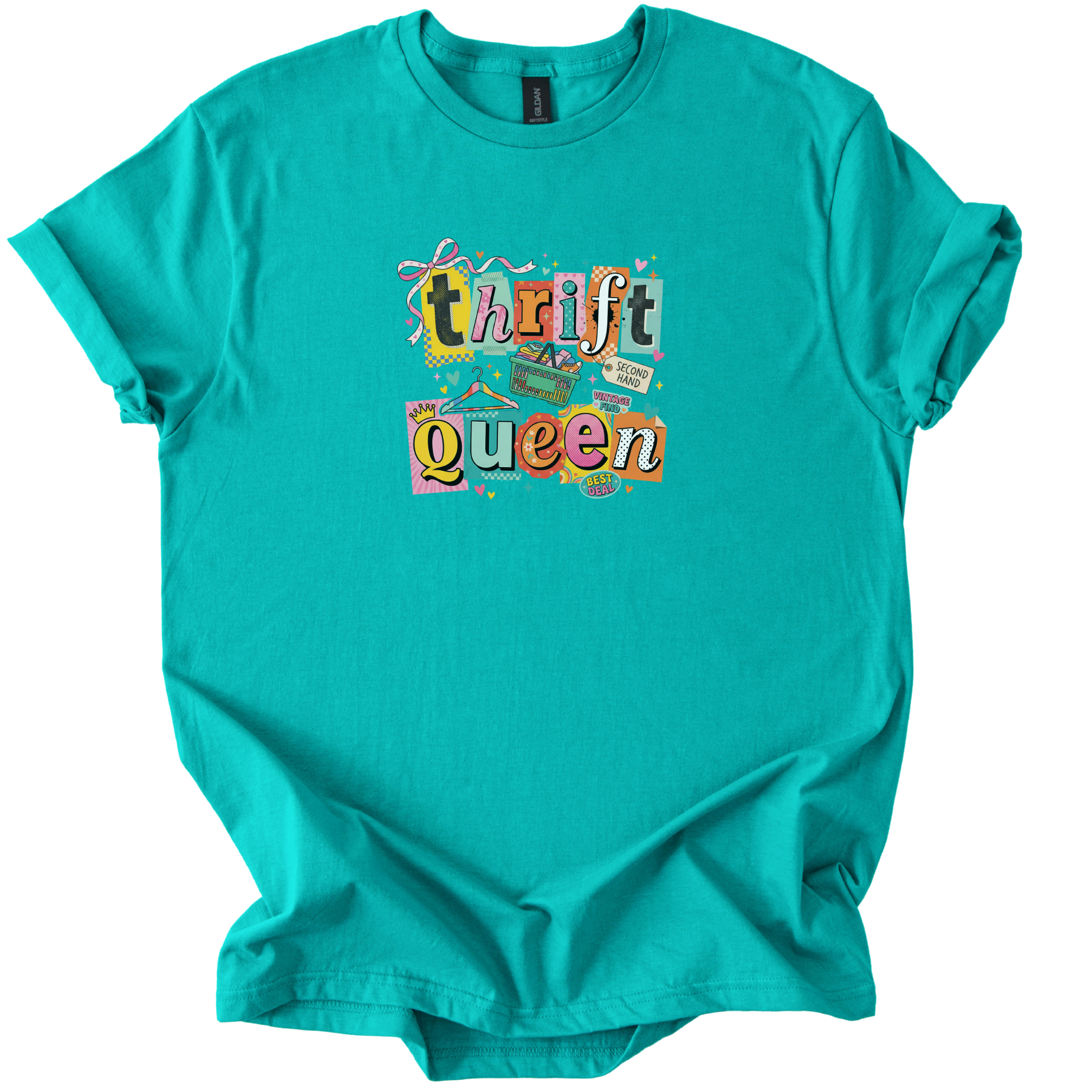Thrift Queen retro collage graphic tee with vibrant pink, yellow, and teal colors on soft white fabric