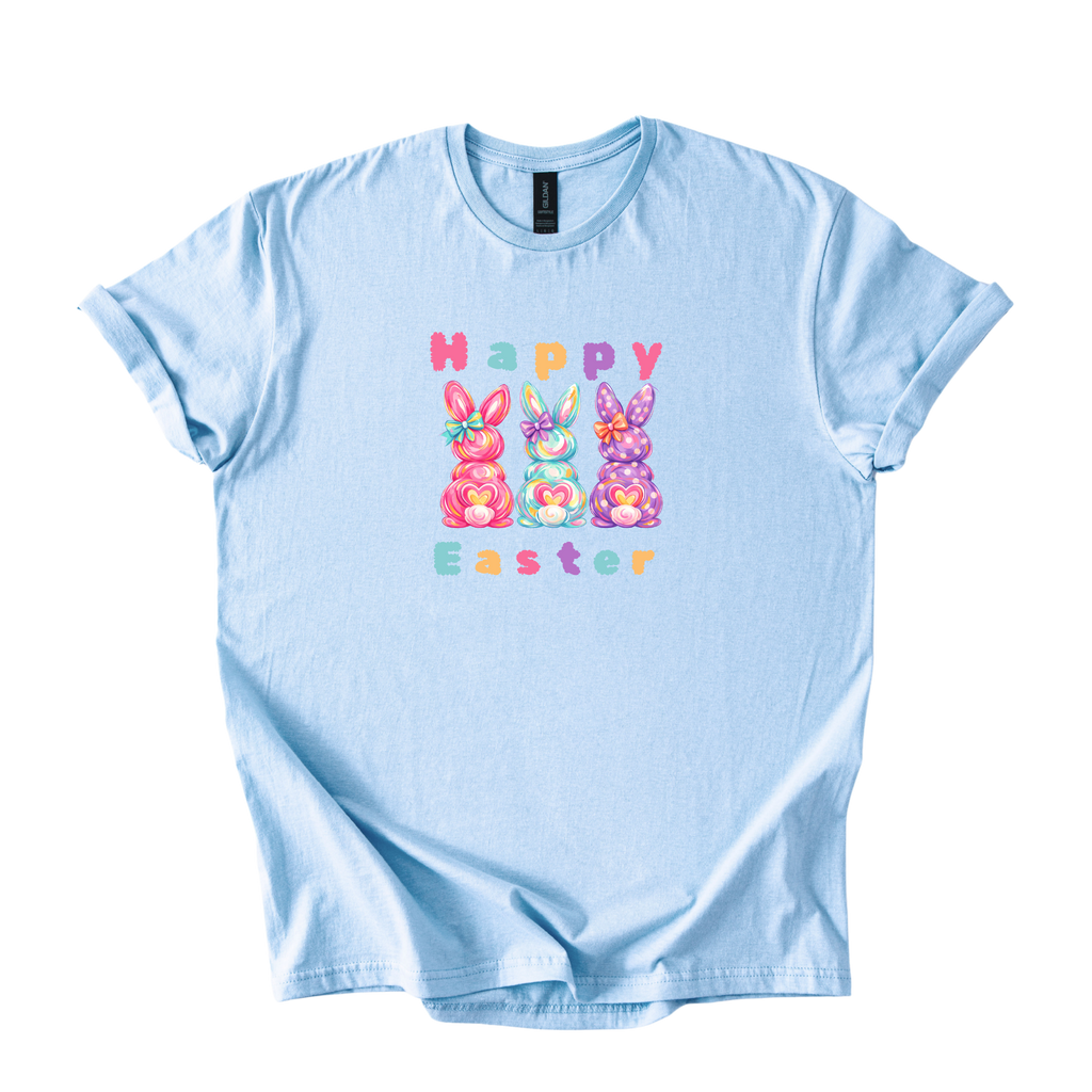 Happy Easter Bunny shirt with colorful candy bunnies on softstyle fabric