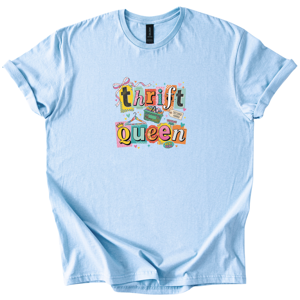White Thrift Queen tee with colorful retro collage graphic and thrift shopping icons