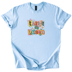 White Thrift Queen tee with colorful retro collage graphic and thrift shopping icons