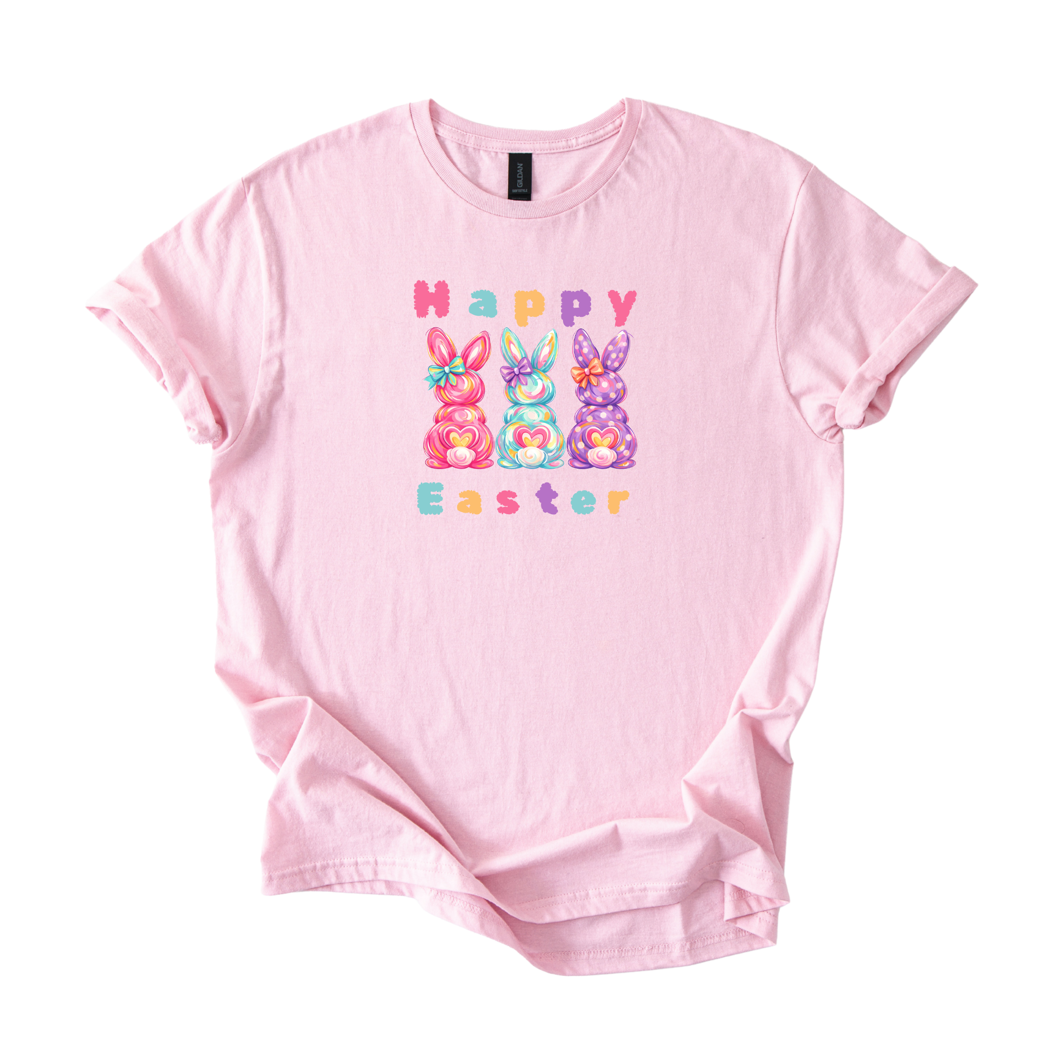 Softstyle Happy Easter Bunny shirt with colorful pastel bunny design