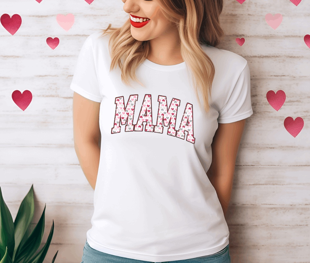MAMA Valentine's T-Shirt with heart design, perfect for Mother's Day or Valentine's Day.