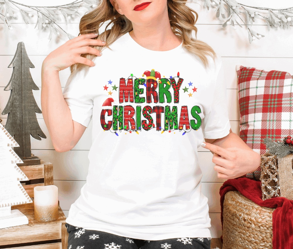 Merry Christmas Holiday with festive print in cozy holiday setting
