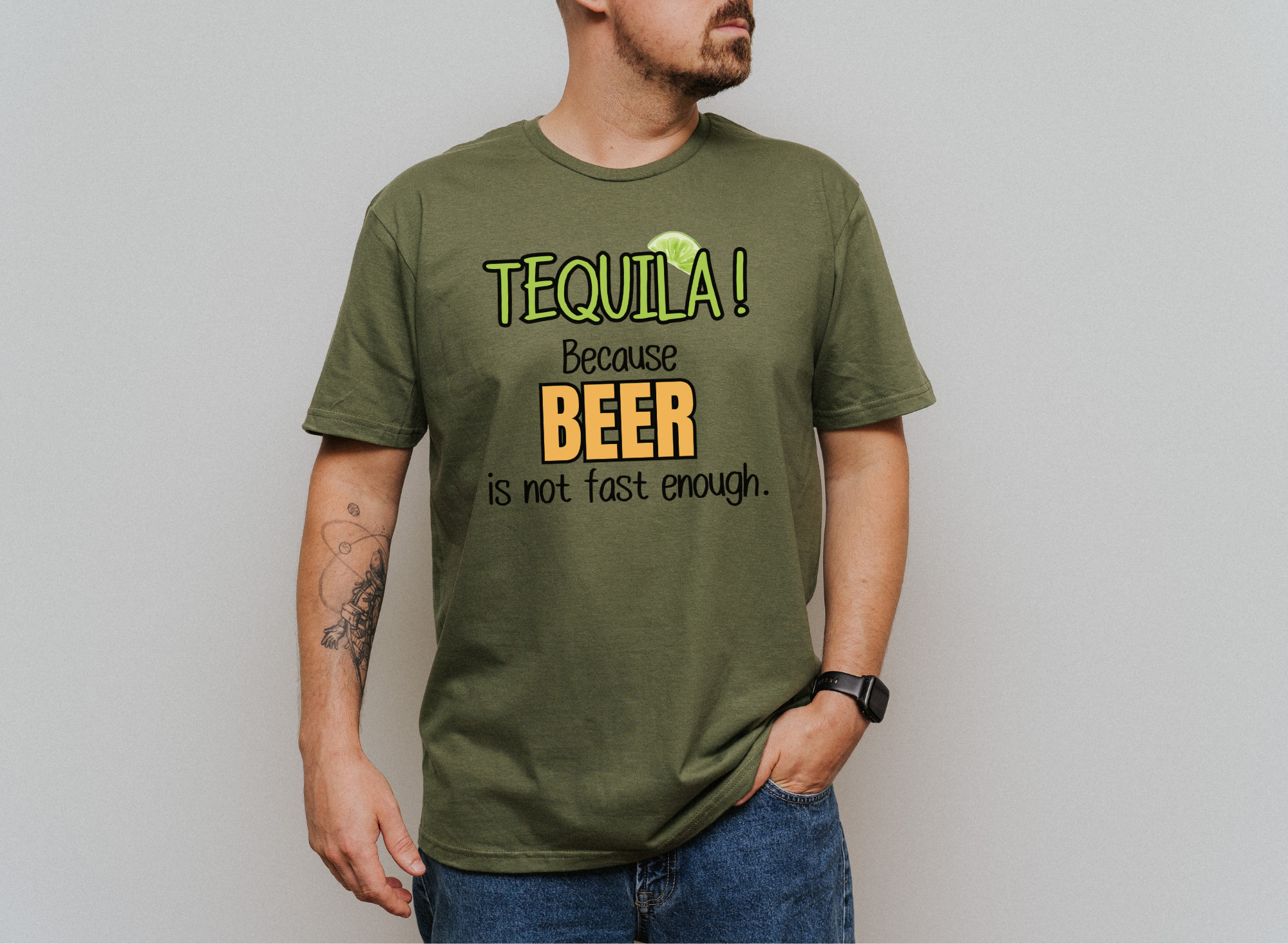 Unisex softstyle t-shirt with "TEQUILA! Because Beer is not Fast Enough" printed design.