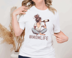 #MomLife wine shirt featuring graphic of mom with wine bottle, perfect gift for moms.