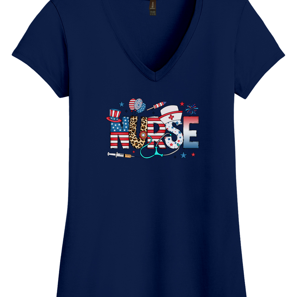 Women's Patriotic Nurse V-Neck Shirt with American flag and healthcare graphics, perfect for summer vibes and national holidays