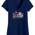 Women's Patriotic Nurse V-Neck Shirt with American flag and healthcare graphics, perfect for summer vibes and national holidays