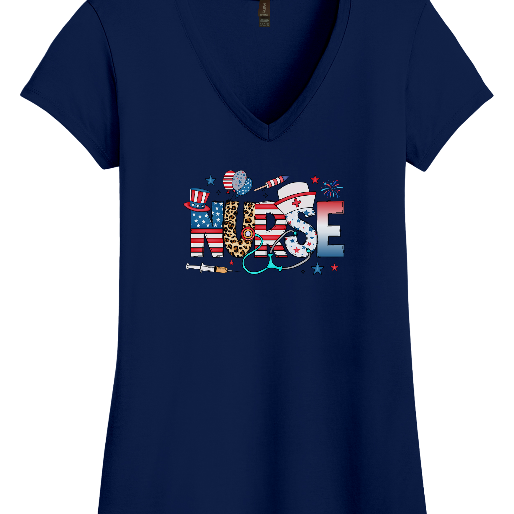 Women's Patriotic Nurse V-Neck Shirt with American flag and healthcare graphics, perfect for summer vibes and national holidays