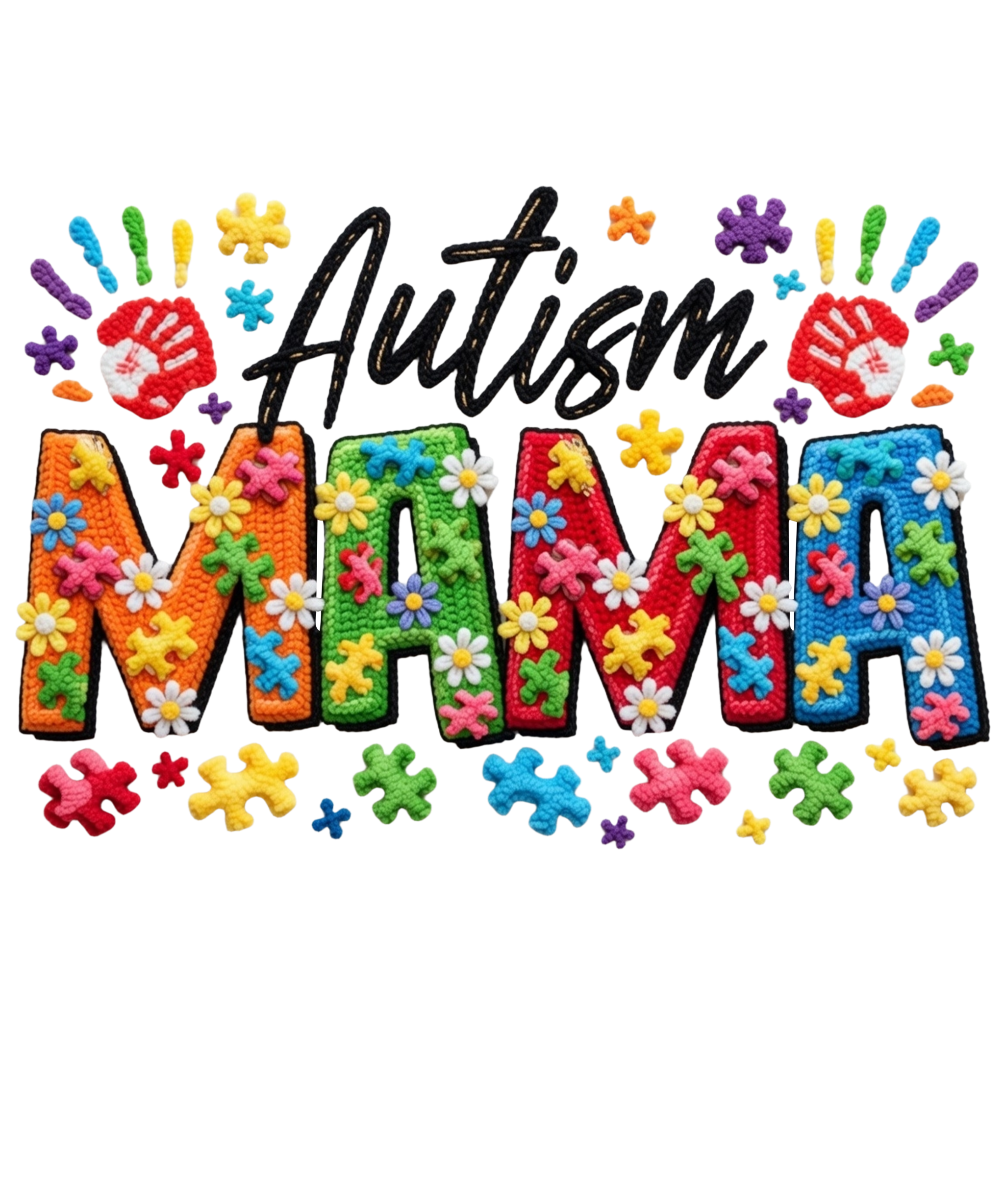 Colorful Autism Mama DTF Print with puzzle pieces and floral design for apparel and crafts