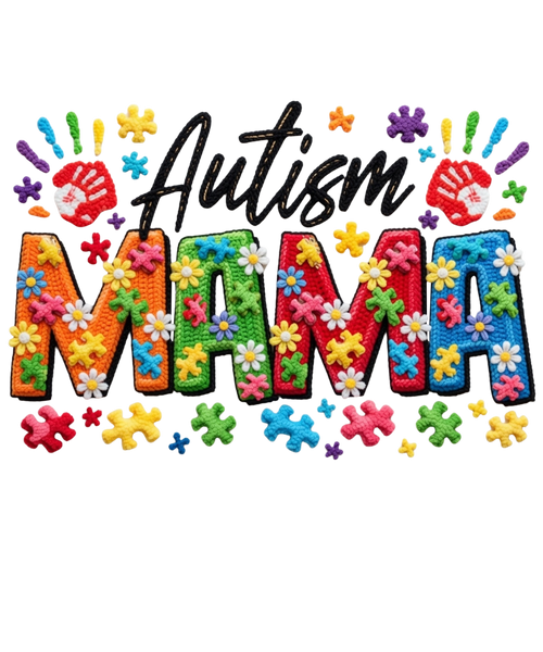 Colorful Autism Mama DTF Print with puzzle pieces and floral design for apparel and crafts