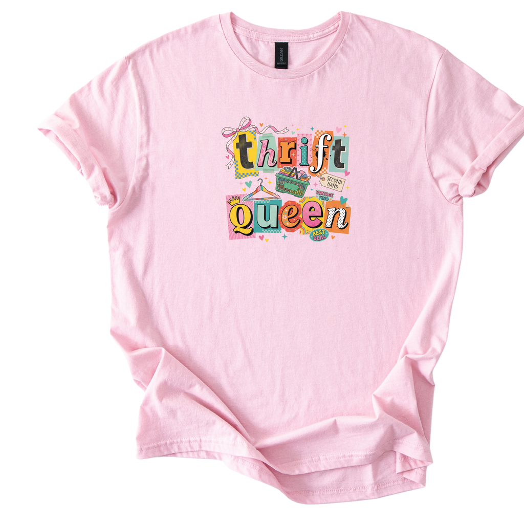 White Thrift Queen tee with colorful retro collage graphic featuring shopping icons and checkered patterns