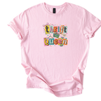 White Thrift Queen tee with colorful retro collage graphic featuring shopping icons and checkered patterns