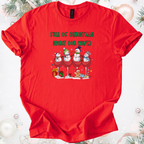 Red festive holiday tee with "Full of Christmas Spirit (or Wine)" text and wine glass snowman design